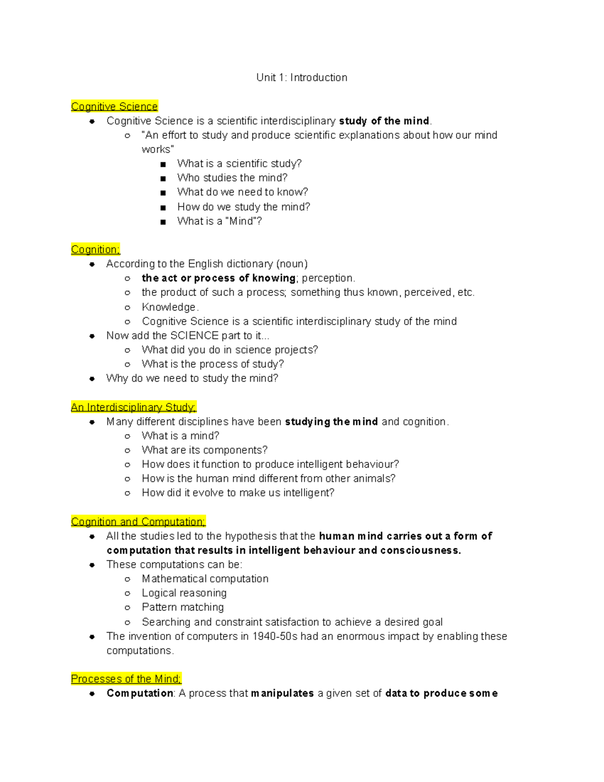 Unit 1 Introduction - Lecture notes 1 - Unit 1: Introduction Cognitive ...