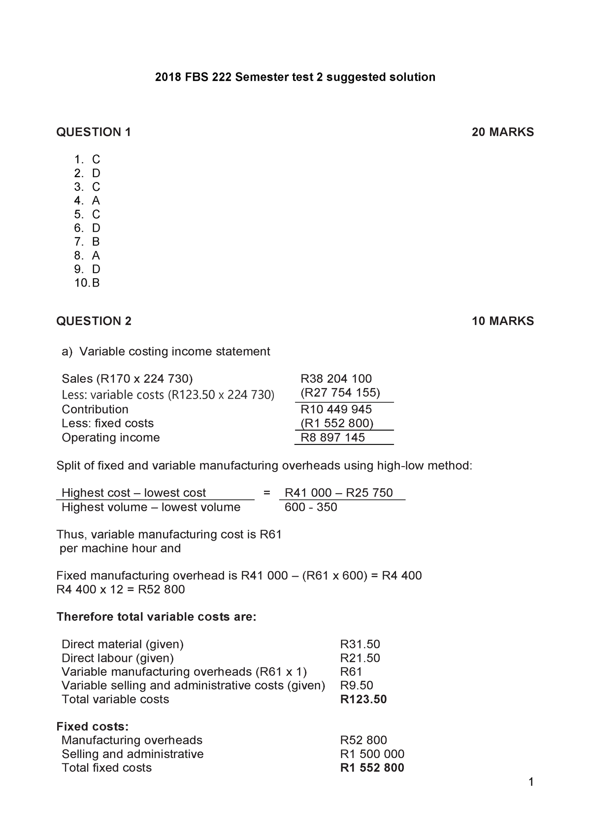 Test 2 2018, Answers - 1 2018 FBS 222 Semester Test 2 Suggested ...