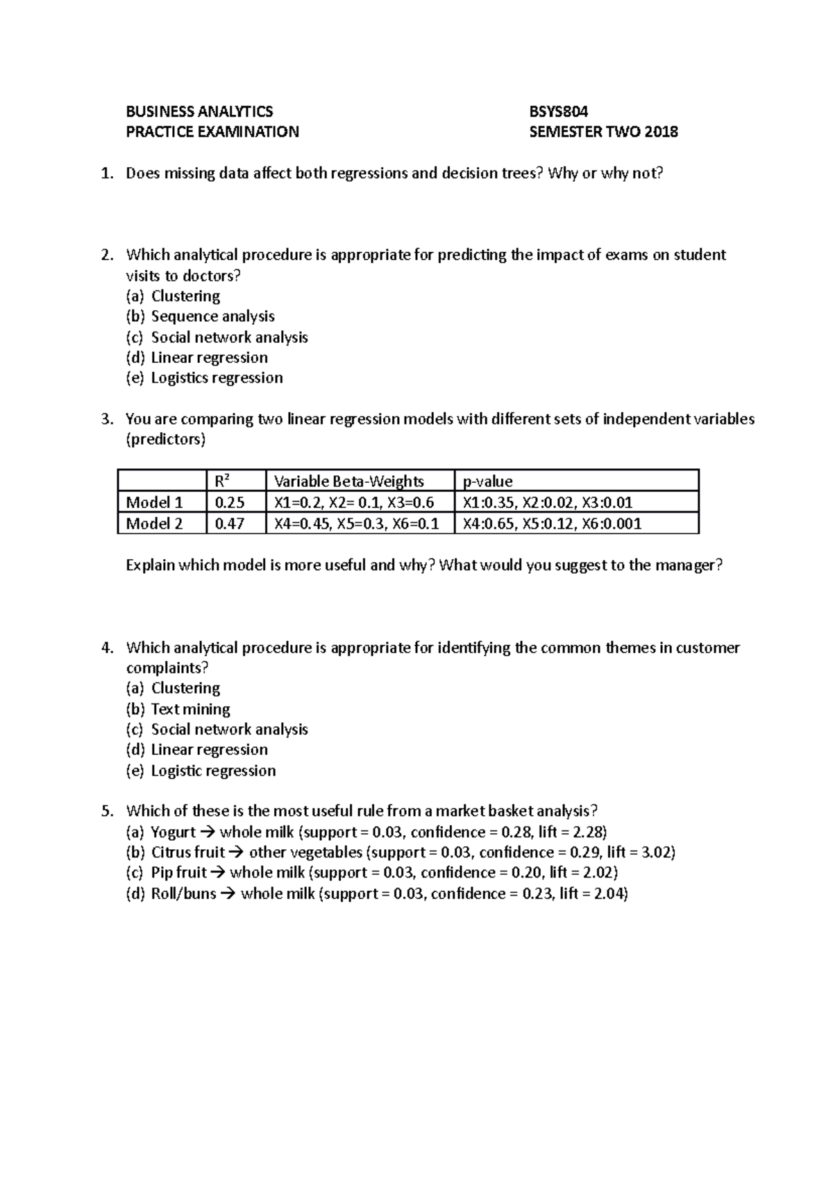 PRACTICE EXAM, Questions - BUSINESS ANALYTICS PRACTICE EXAMINATION ...