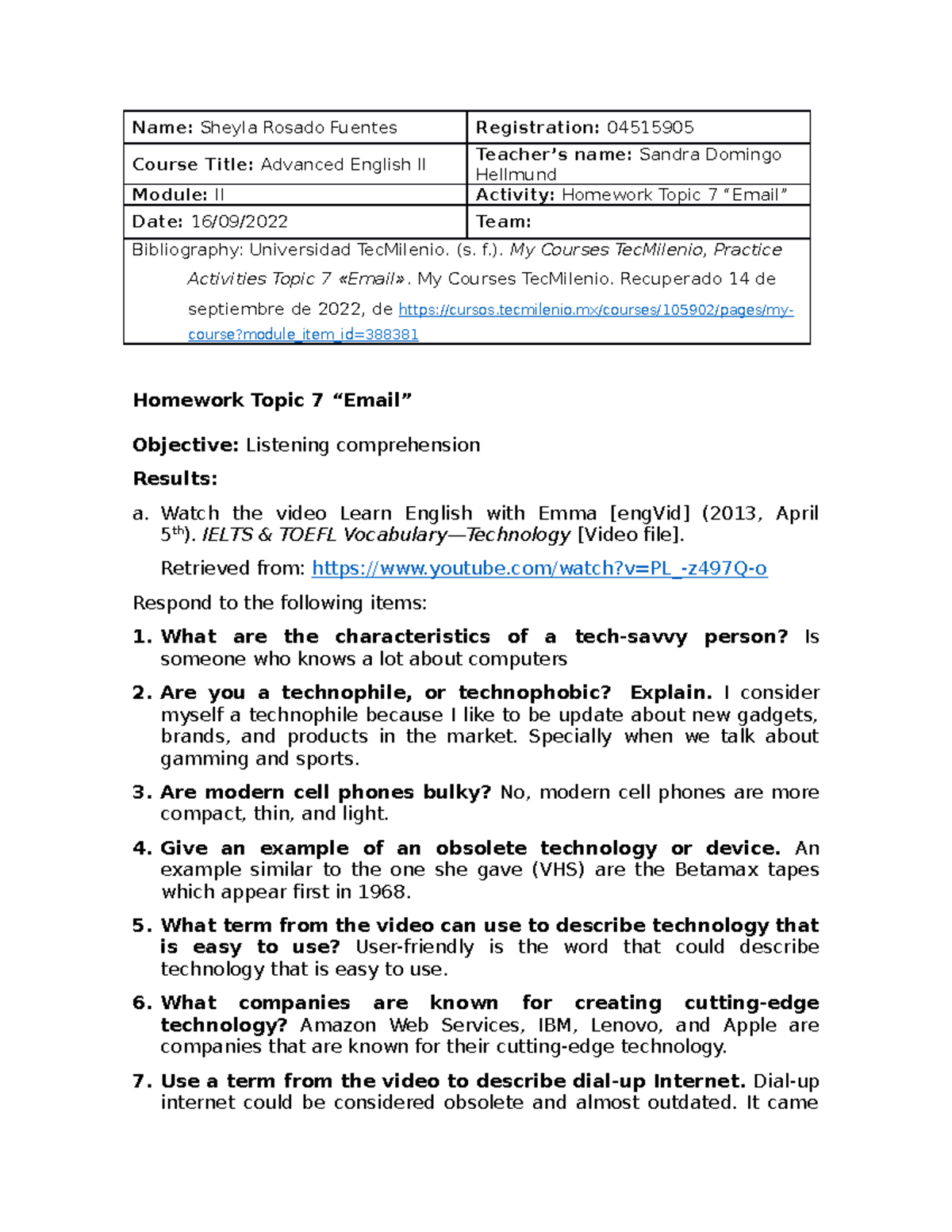 Homework Topic 7 (Email) - Name: Sheyla Rosado Fuentes Registration ...