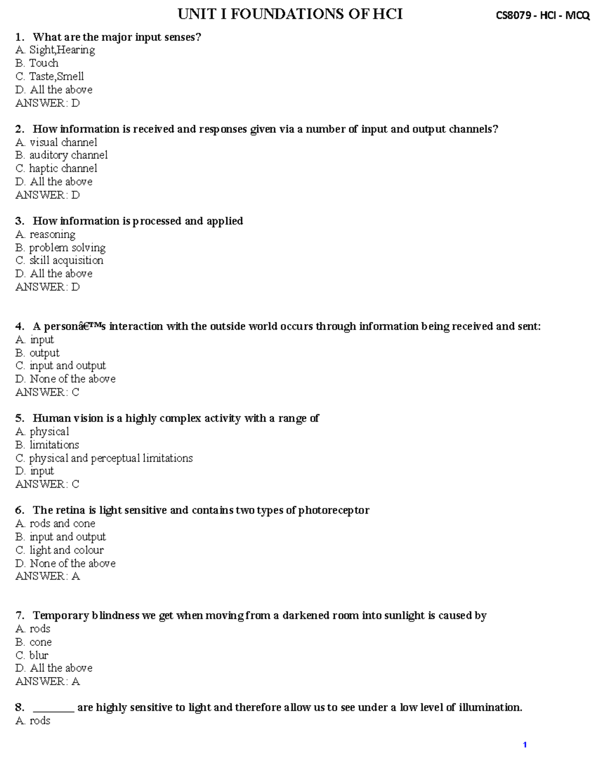 Human Computer Interaction Unit I Mcq 1 What Are The Major Input Senses A Sight Hearing B Human Computer Interaction Unit I Mcq 1 What Are The Major Input Senses A Sight Hearing B