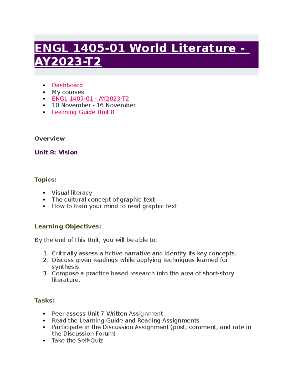 Learning Guide Unit 8 - ENG 1405 - ENGL 1405-01 World Literature ...