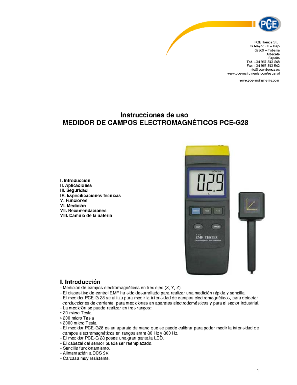 Manual medidor campos pce g28 v1 Instrucciones de