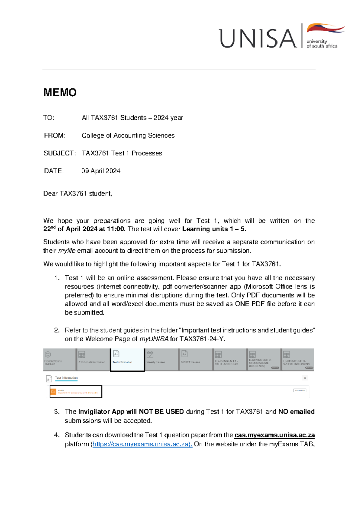 TAX3761 Test 1 - Communication - MEMO Dear TAX3761 student, We hope ...