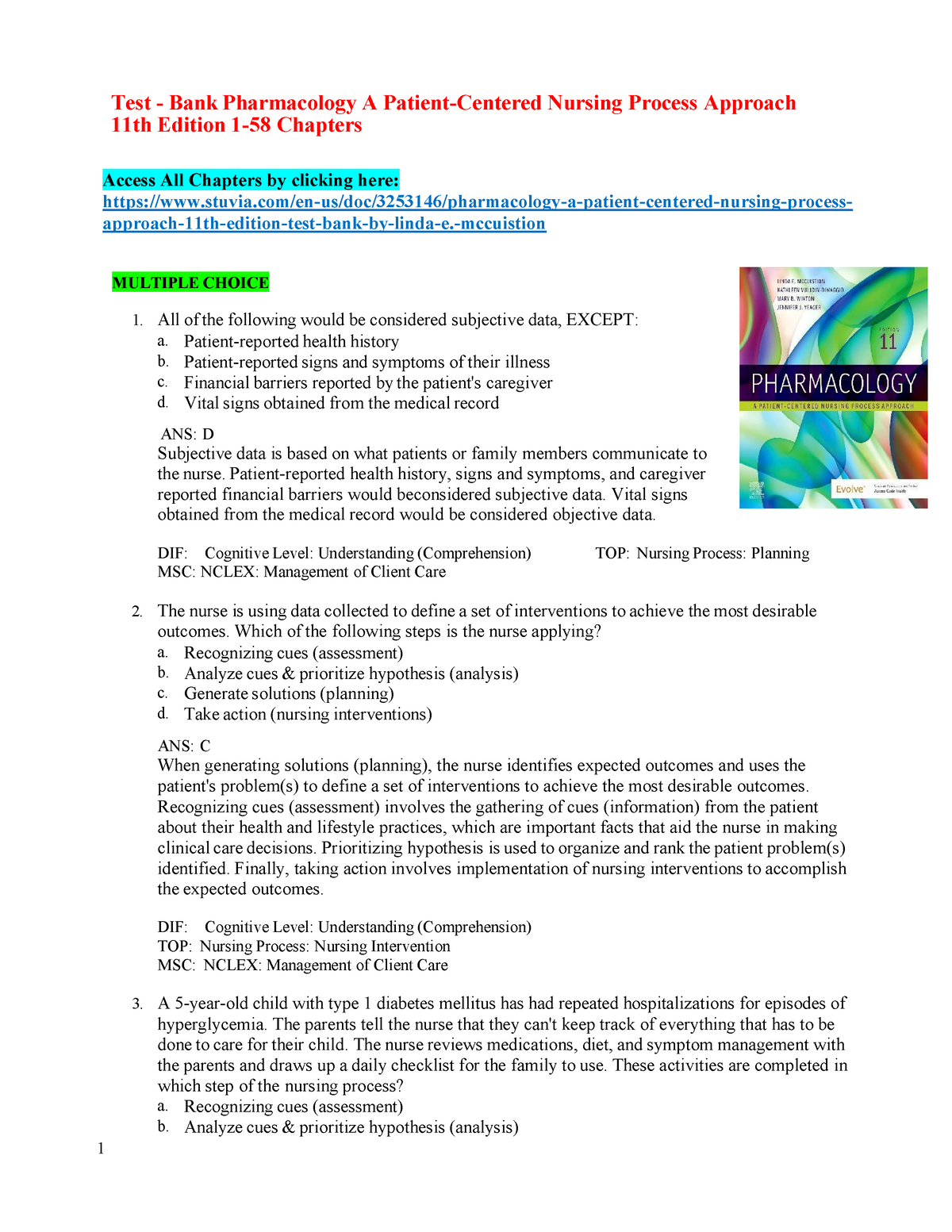 Test Bank For Pharmacology A Patient Centered Nursing Process Approach ...