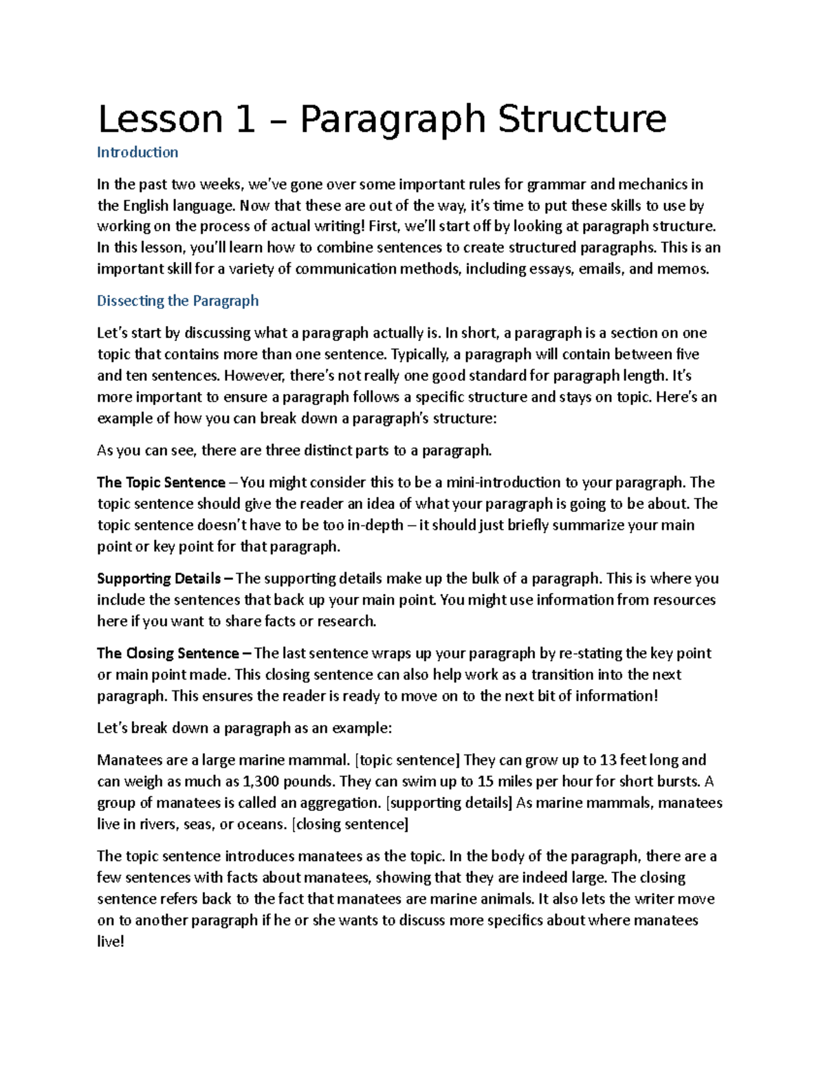 Lesson 1 – Paragraph Structure - Lesson 1 – Paragraph Structure ...