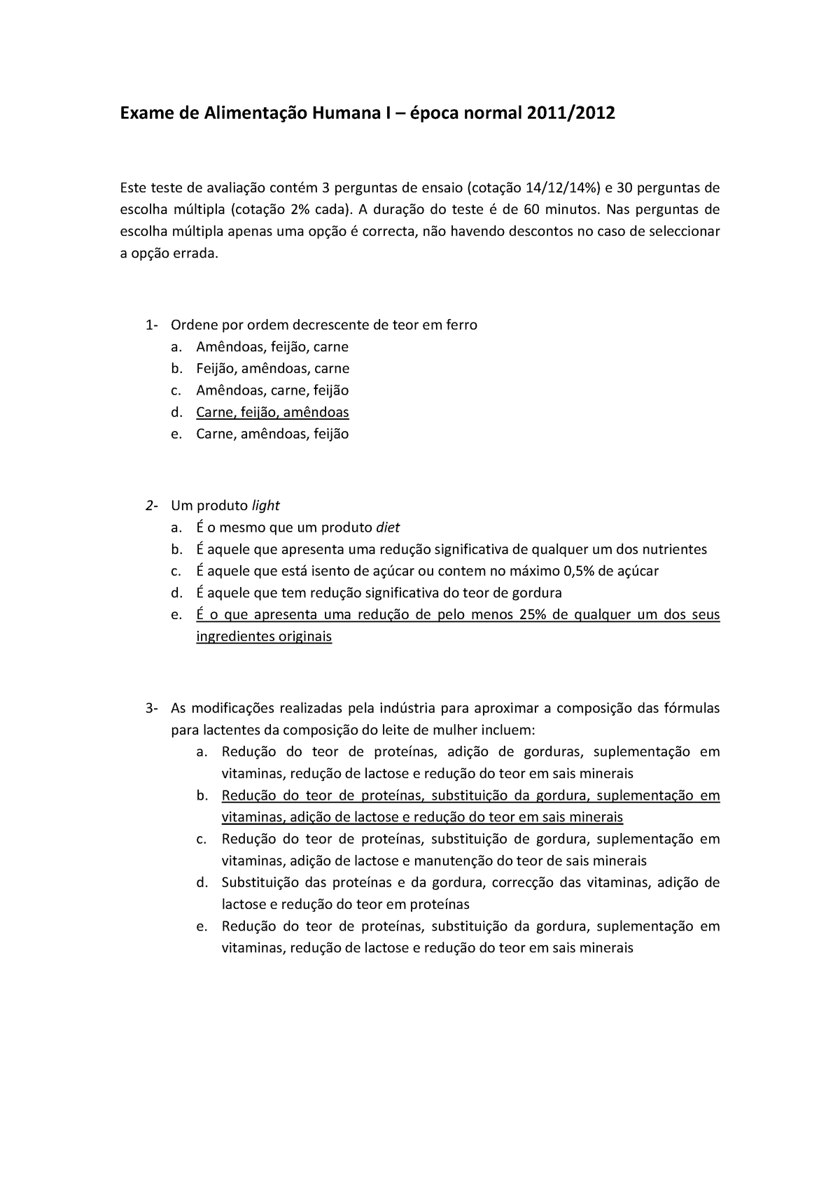 Prova 9 Junho 2013, questões - Exame de Alimentação Humana I – época ...