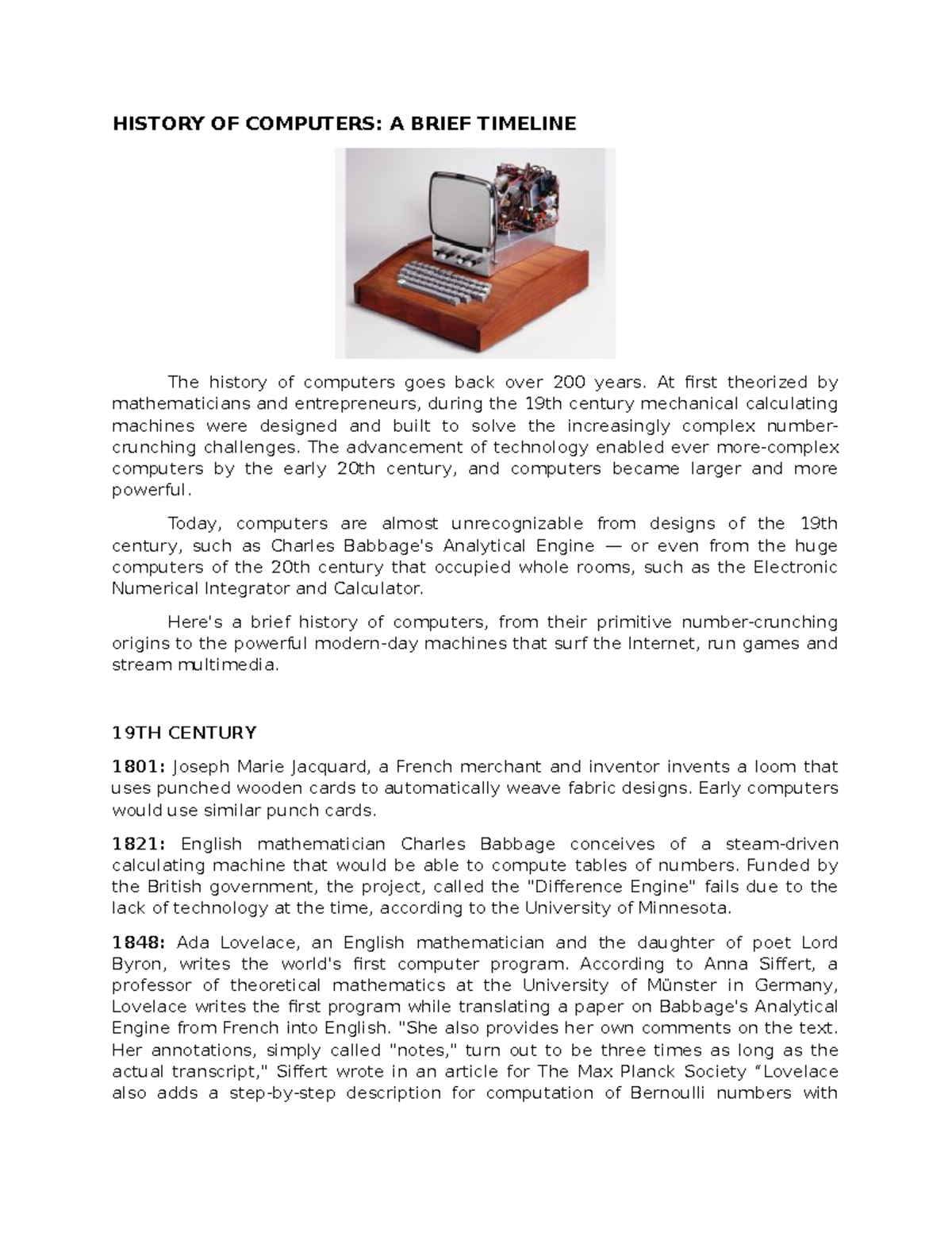 History OF Computers - Notes - HISTORY OF COMPUTERS: A BRIEF TIMELINE ...