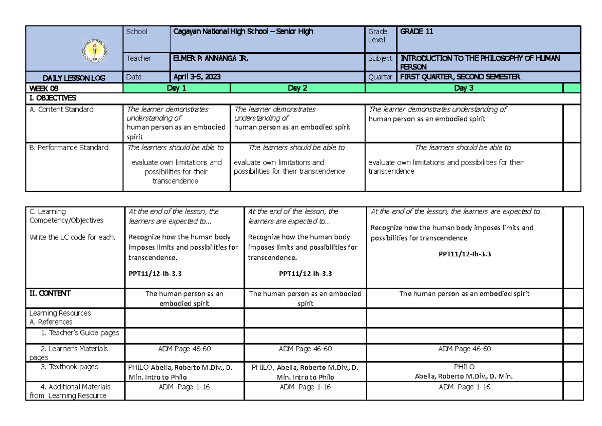 Social Studies Year 1 - School Cagayan National High School – Senior ...