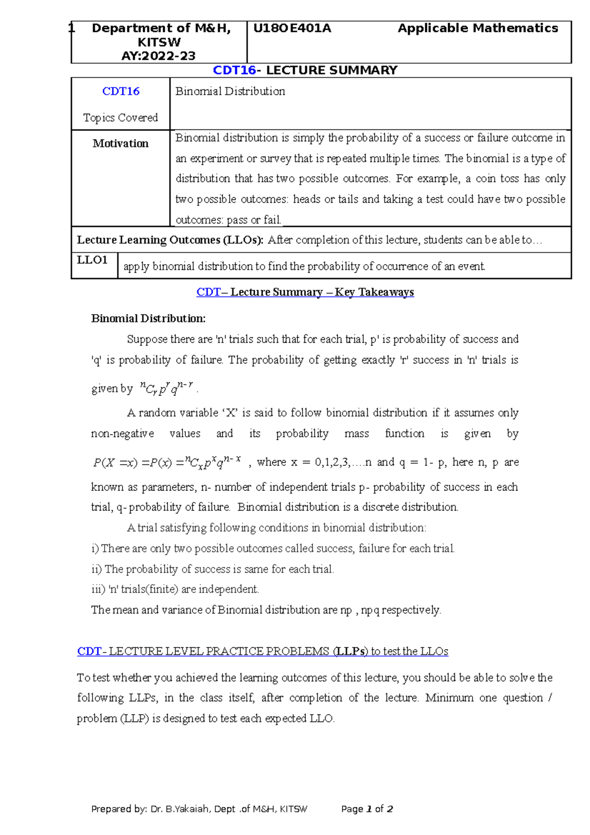 CDT16 Unit 2 Binomial Distribution - 1 Department of M&H, KITSW AY:2022 ...