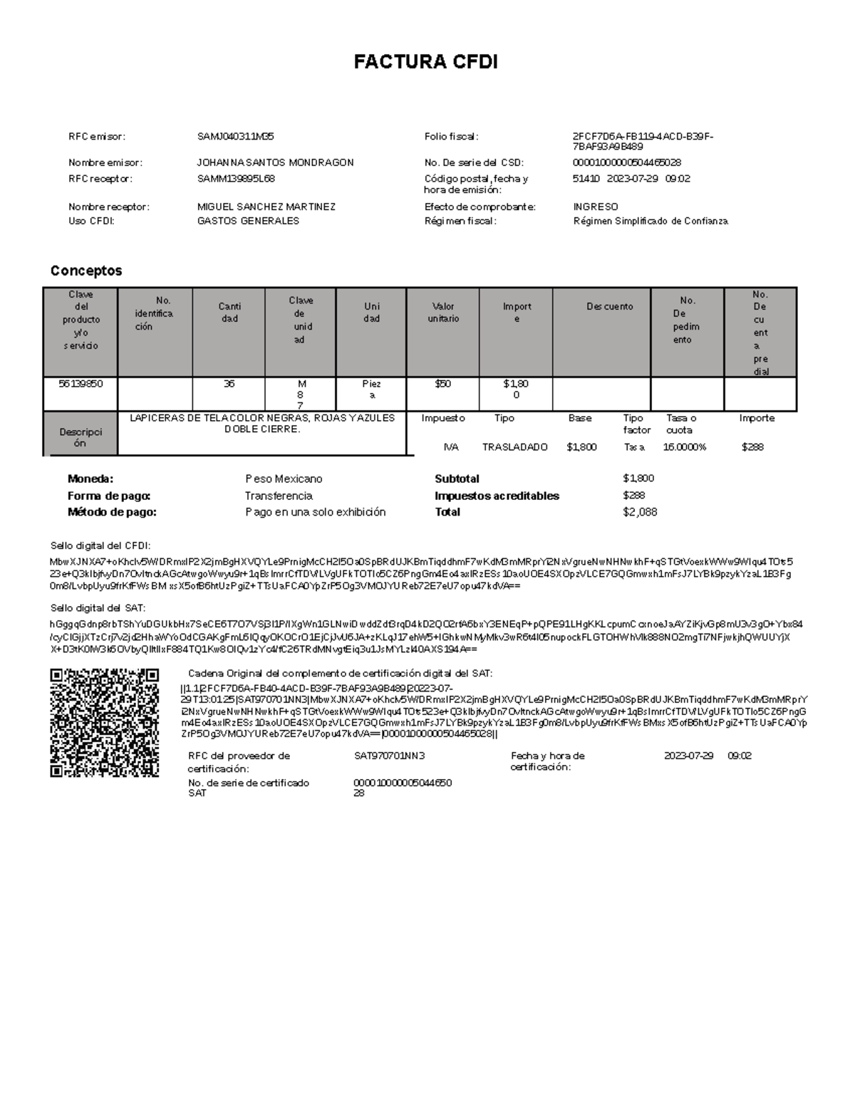 CFDI Ventas Ejemplo - FACTURA CFDI RFC emisor: SAMJ040311M35 Folio ...