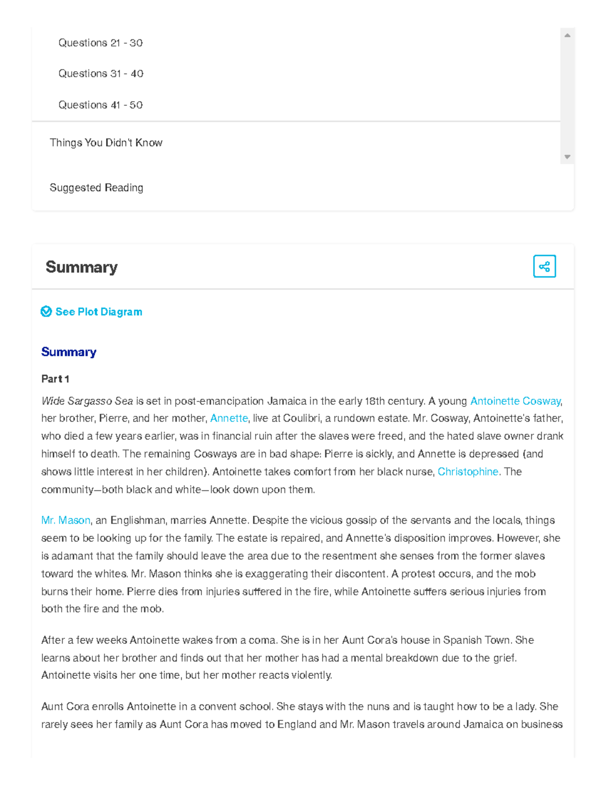 Wide Sargasso Sea Plot Summary - Questions 21 - 30 Questions 31 - 40 ...