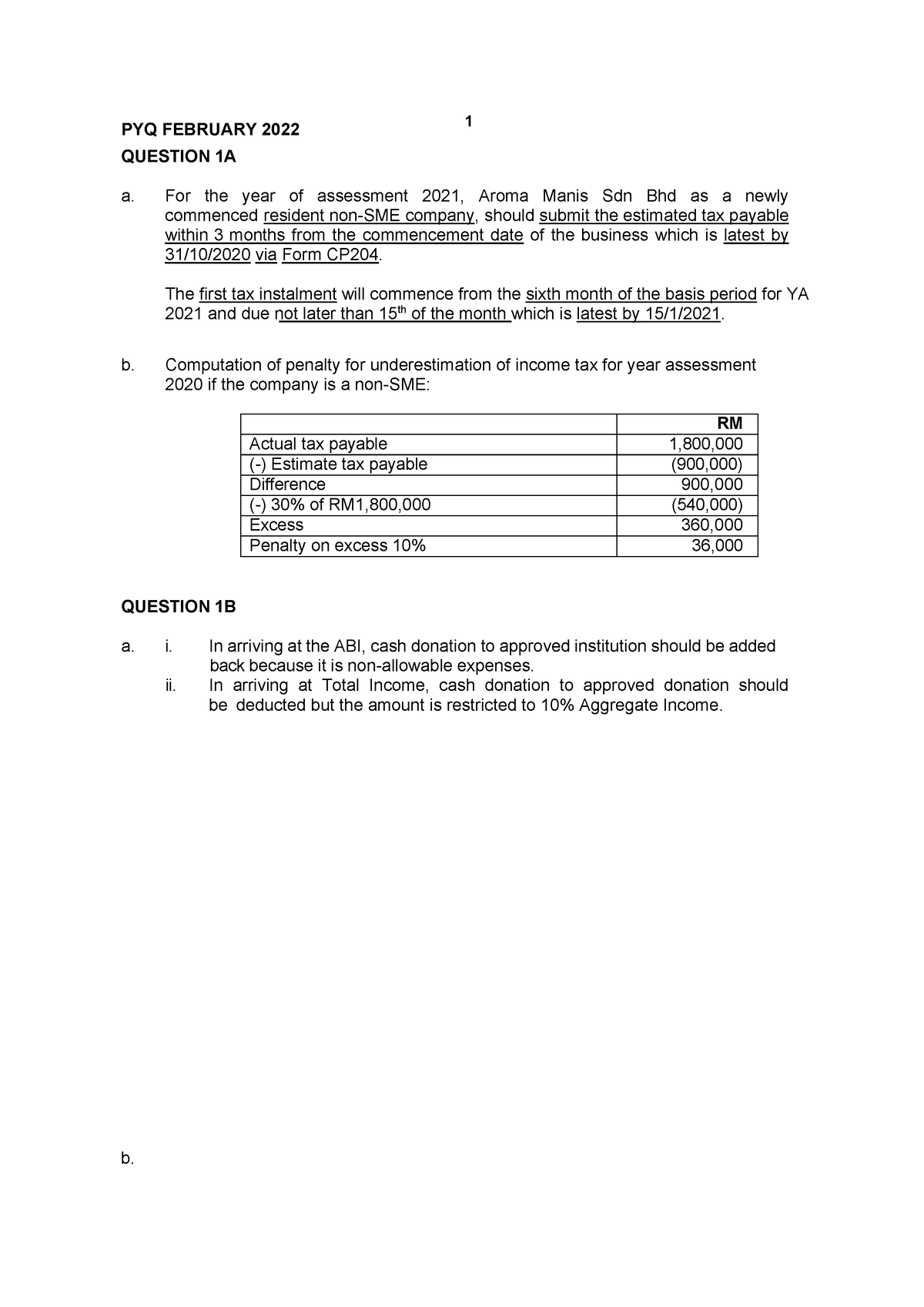 SS Corporate TAX FEB 2022 - PYQ FEBRUARY 2022 1 QUESTION 1A a. For the ...