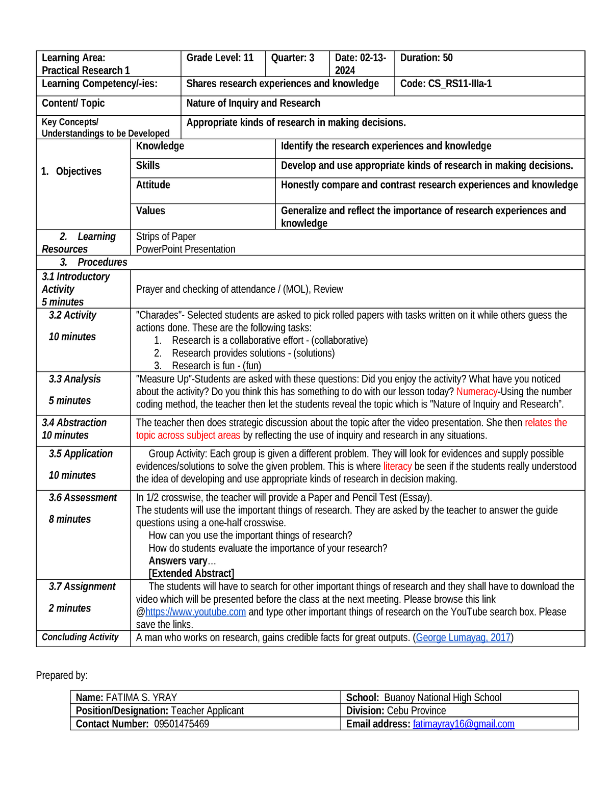 DLP for Demo Teaching - Learning Area: Practical Research 1 Grade Level ...