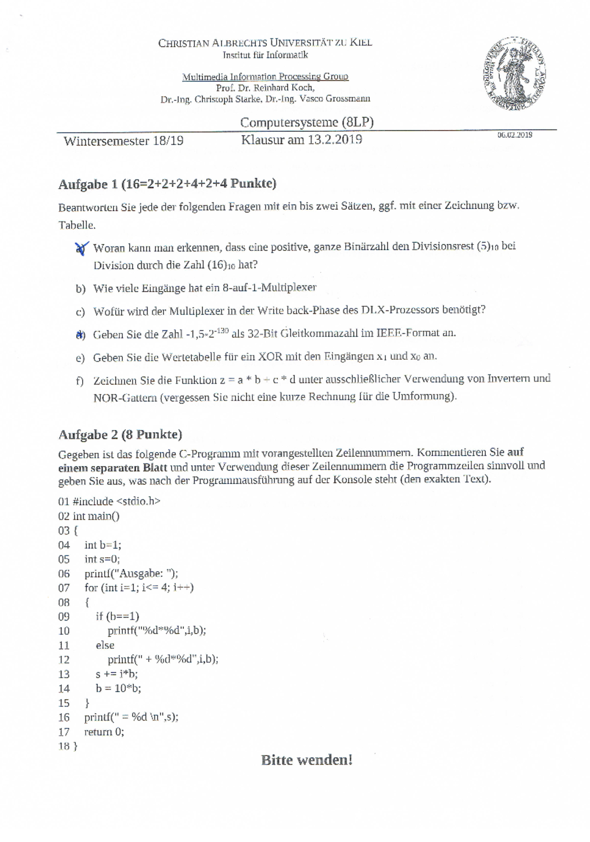 Klausur 13 Februar Winter 2017 2018 Fragen Computersysteme Studocu