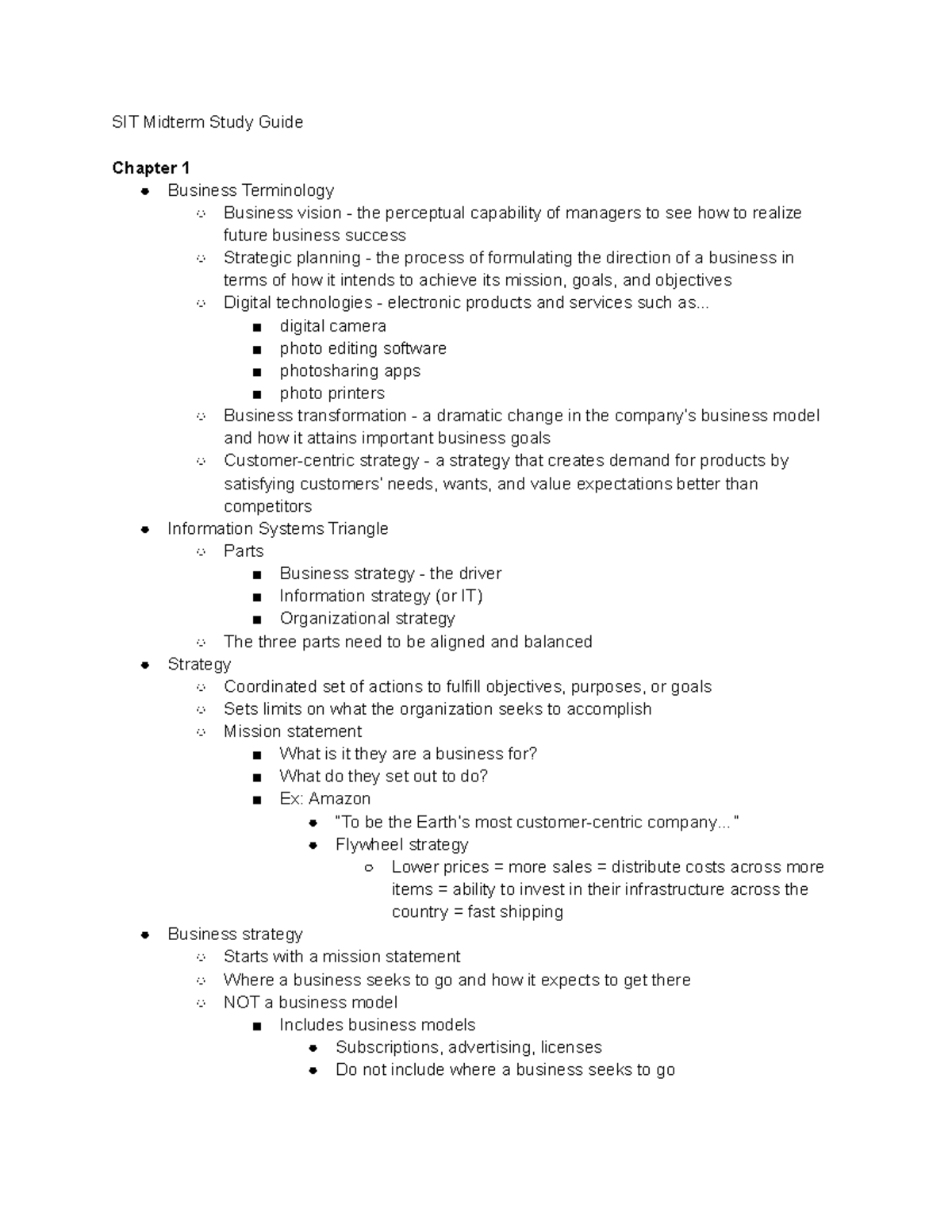 SIT Midterm Study Guide - SIT Midterm Study Guide Chapter 1 Business ...