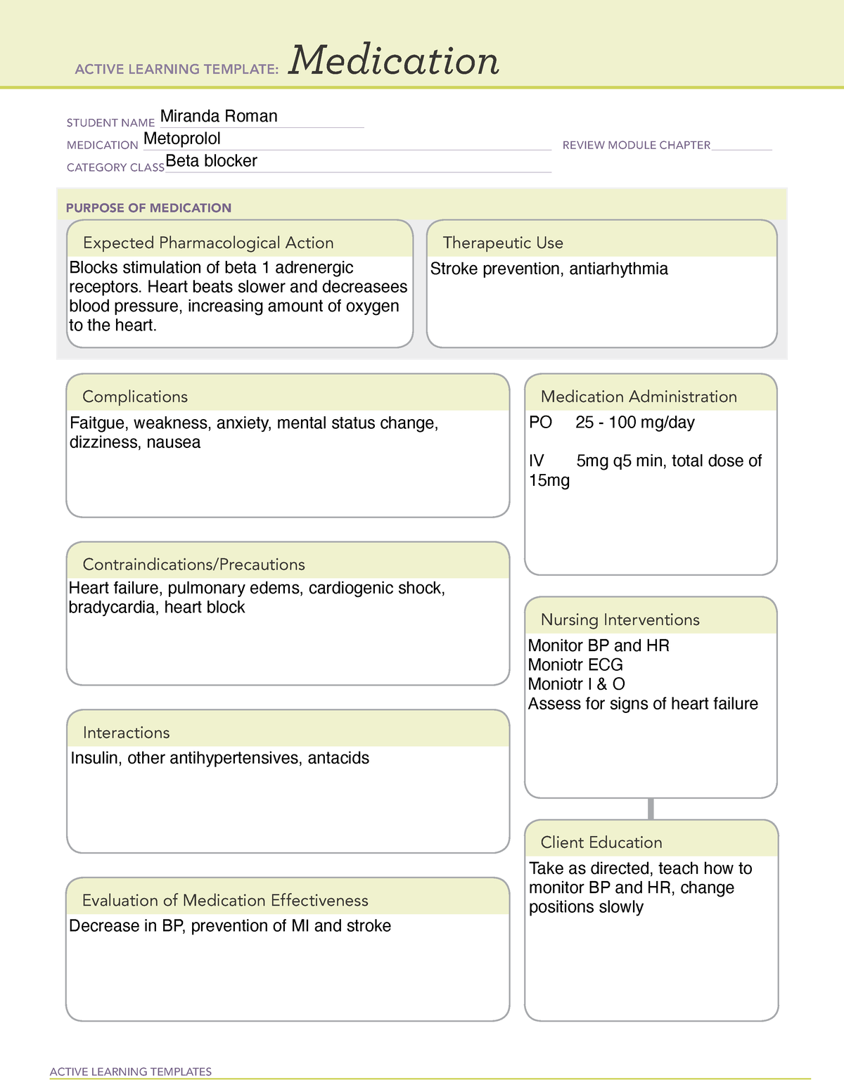 Metoprolol Med Template ACTIVE LEARNING TEMPLATES Medication STUDENT