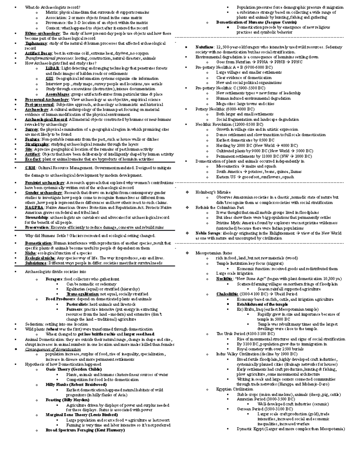 Anth 101 Note Sheet 2 - Key notes for exam 2 - What do Archaeologists ...