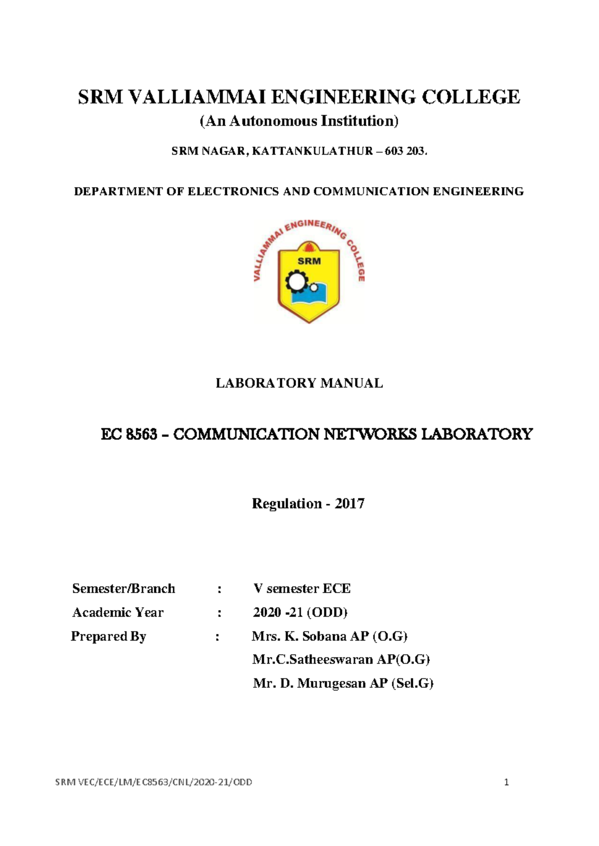 Networks Lab Manual SRM VALLIAMMAI ENGINEERING
