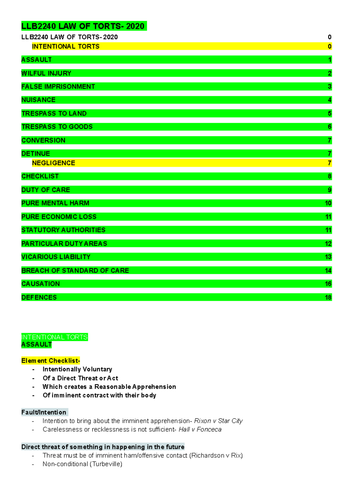 Torts exam notes - LLB2240 LAW OF TORTS- 2020 LLB2240 LAW OF TORTS ...