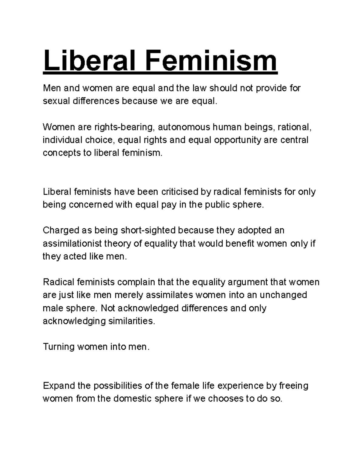 Feminism LAWS 121 Reading - Liberal Feminism Men and women are equal ...