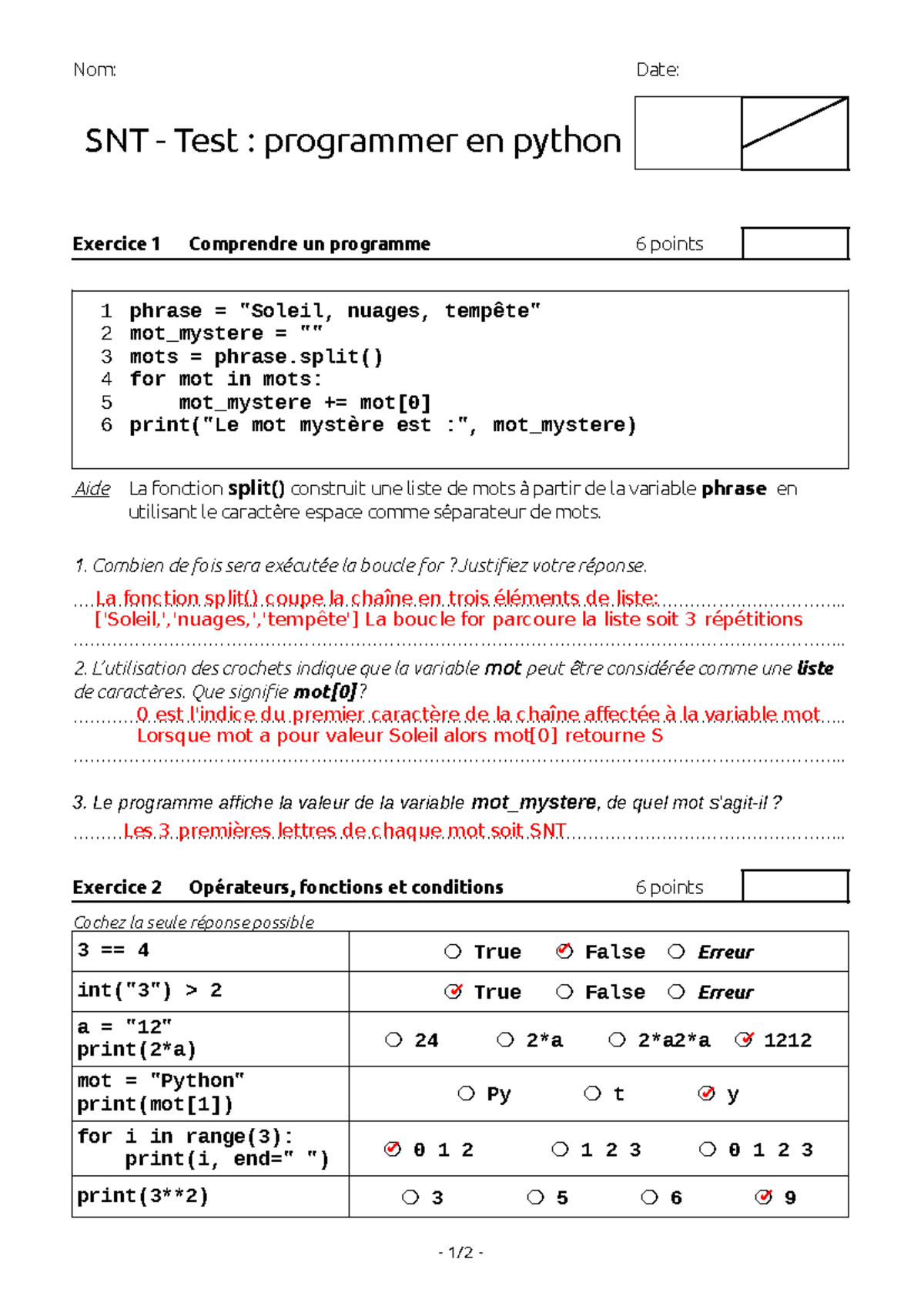 Ancien Test Python Corrigé - Nom: Date: SNT - Test : programmer en ...