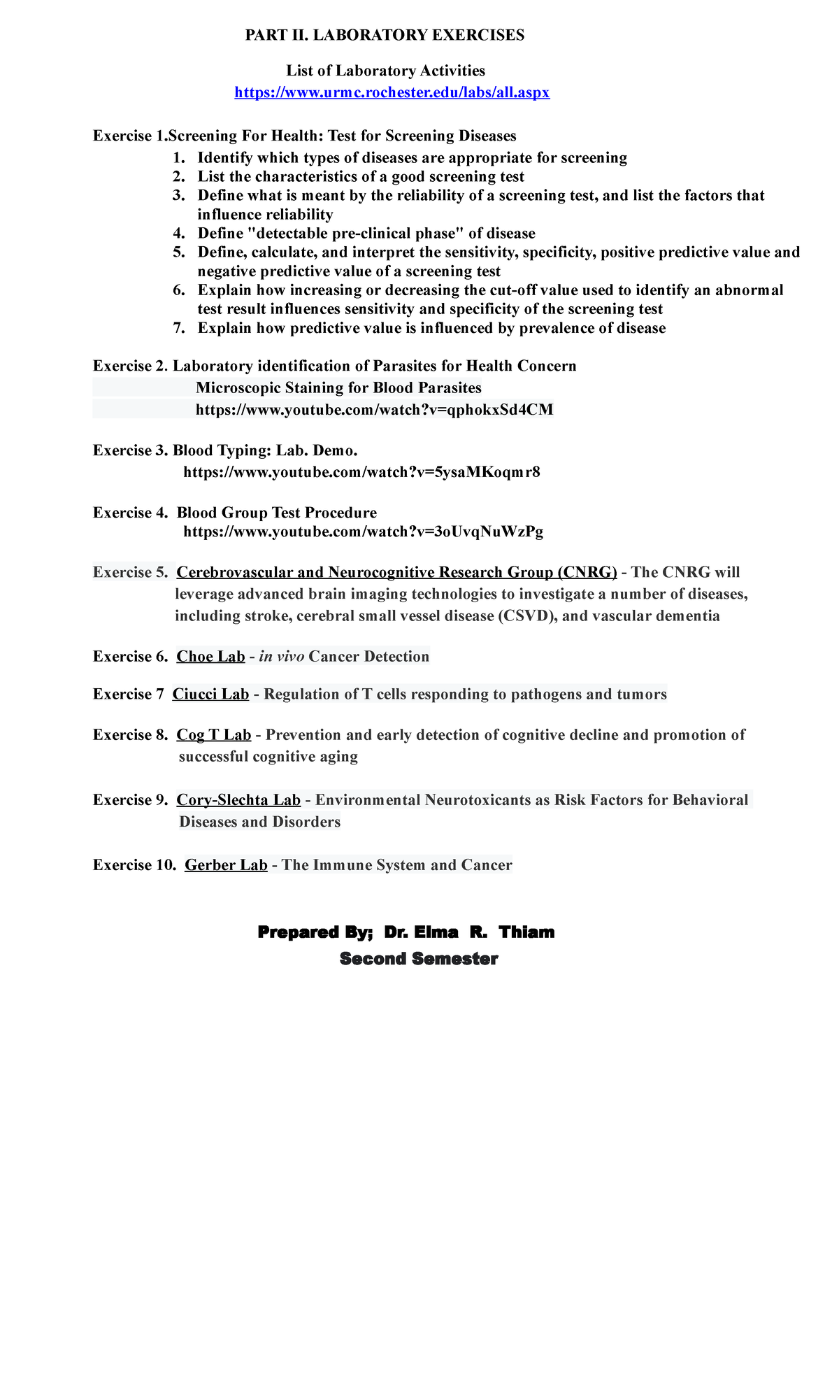 Laboratory Exercises IN Epidemiology - PART II. LABORATORY EXERCISES ...