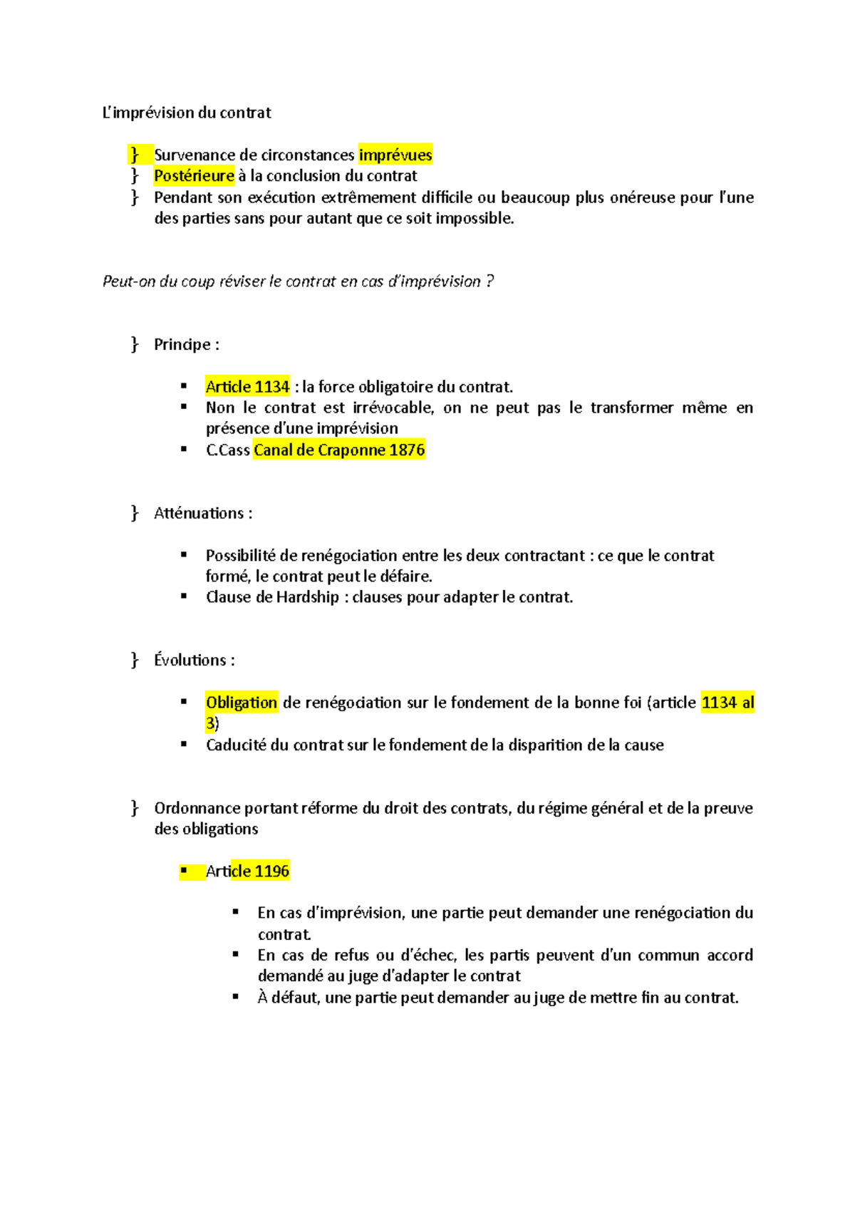 Fiche Résumée Droit Des Contrats - L’imprévision Du Contrat ...