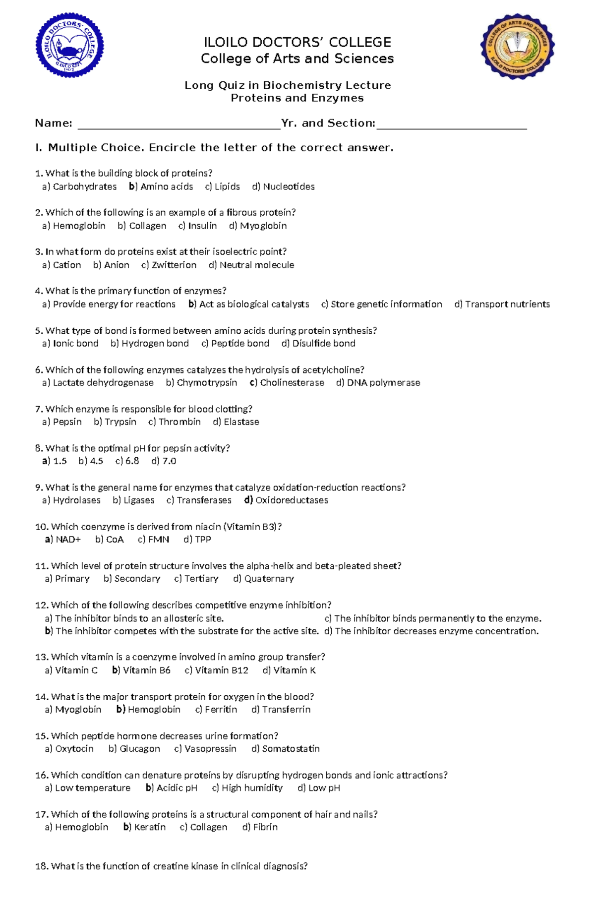 Biochem Long quiz 2 Enzymes and Protein - ILOILO DOCTORS’ COLLEGE ...