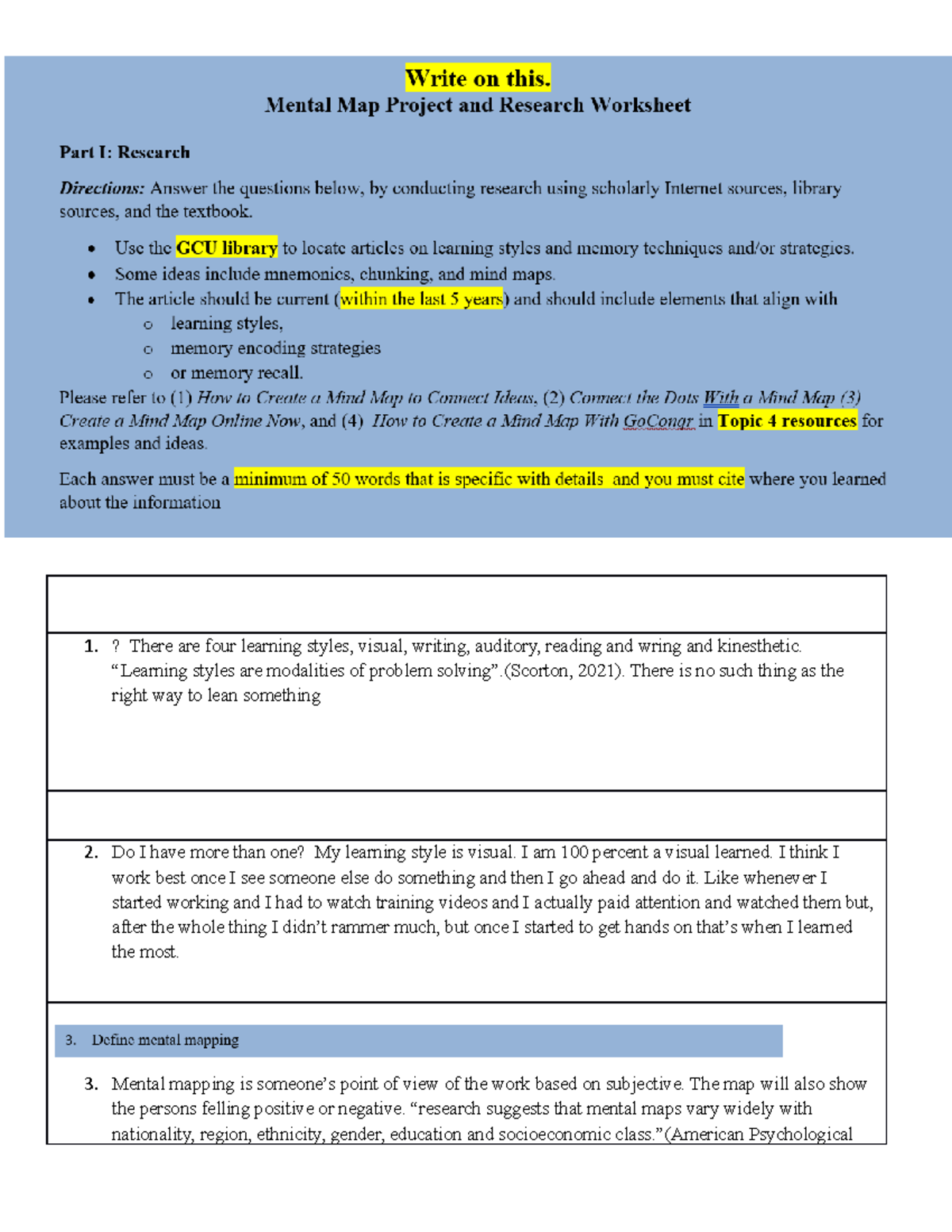 Mental Map Worksheet - 1.? There are four learning styles, visual ...