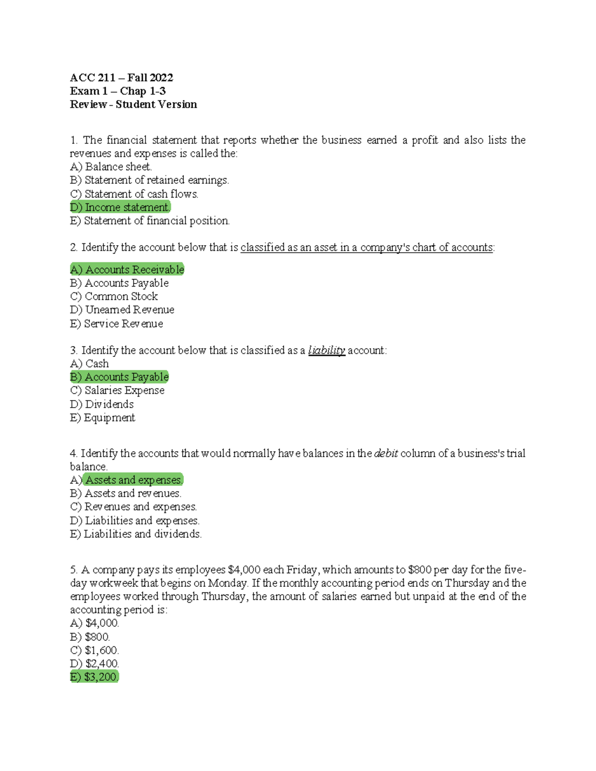 ACC 211 - Fall 2022 Review 1 Chap 1-3 Student Version Copy - ACC 211 ...