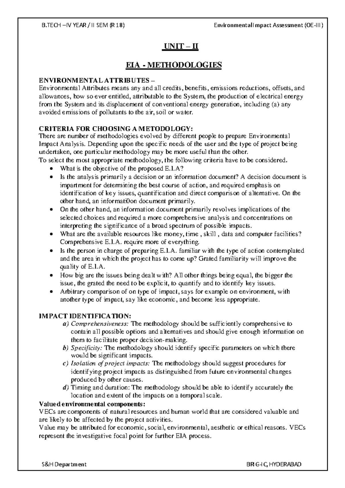 UNIT 2 - Eia notes - UNIT – II EIA - METHODOLOGIES ENVIRONMENTAL ...