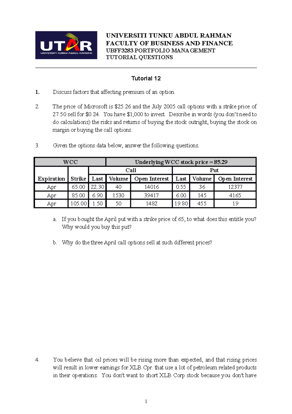 Tutorial 12 Question Revised Universiti Tunku Abdul Rahman Faculty Of Business And Finance Tutorial 12 Question Revised Universiti Tunku Abdul Rahman Faculty Of Business And Finance