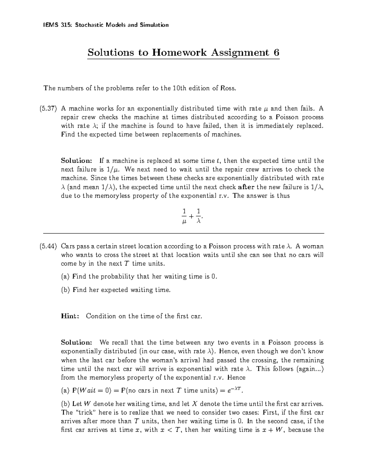 homework 6 probability simulation estimation and assessing models