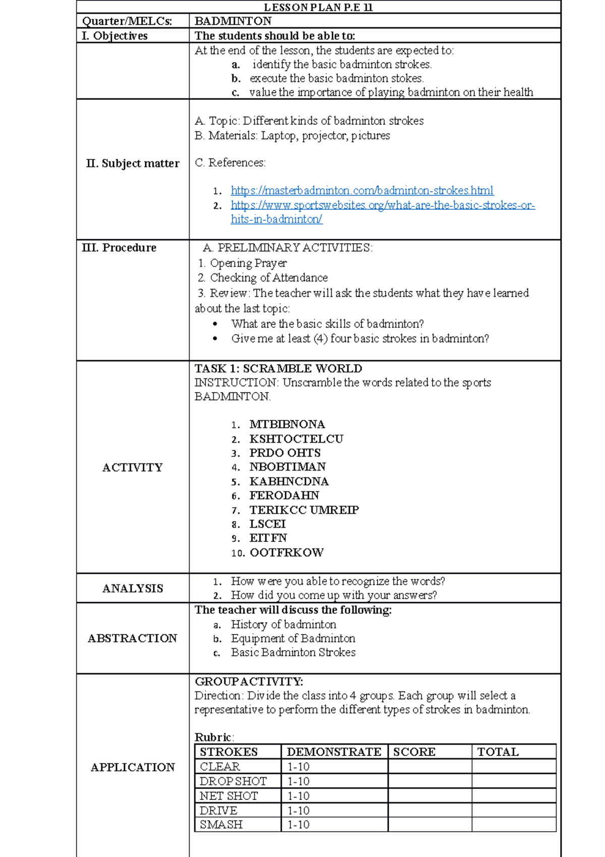 Lesson PLAN Badminton MISS Frias LESSON PLAN P 11 Quarter/MELCs