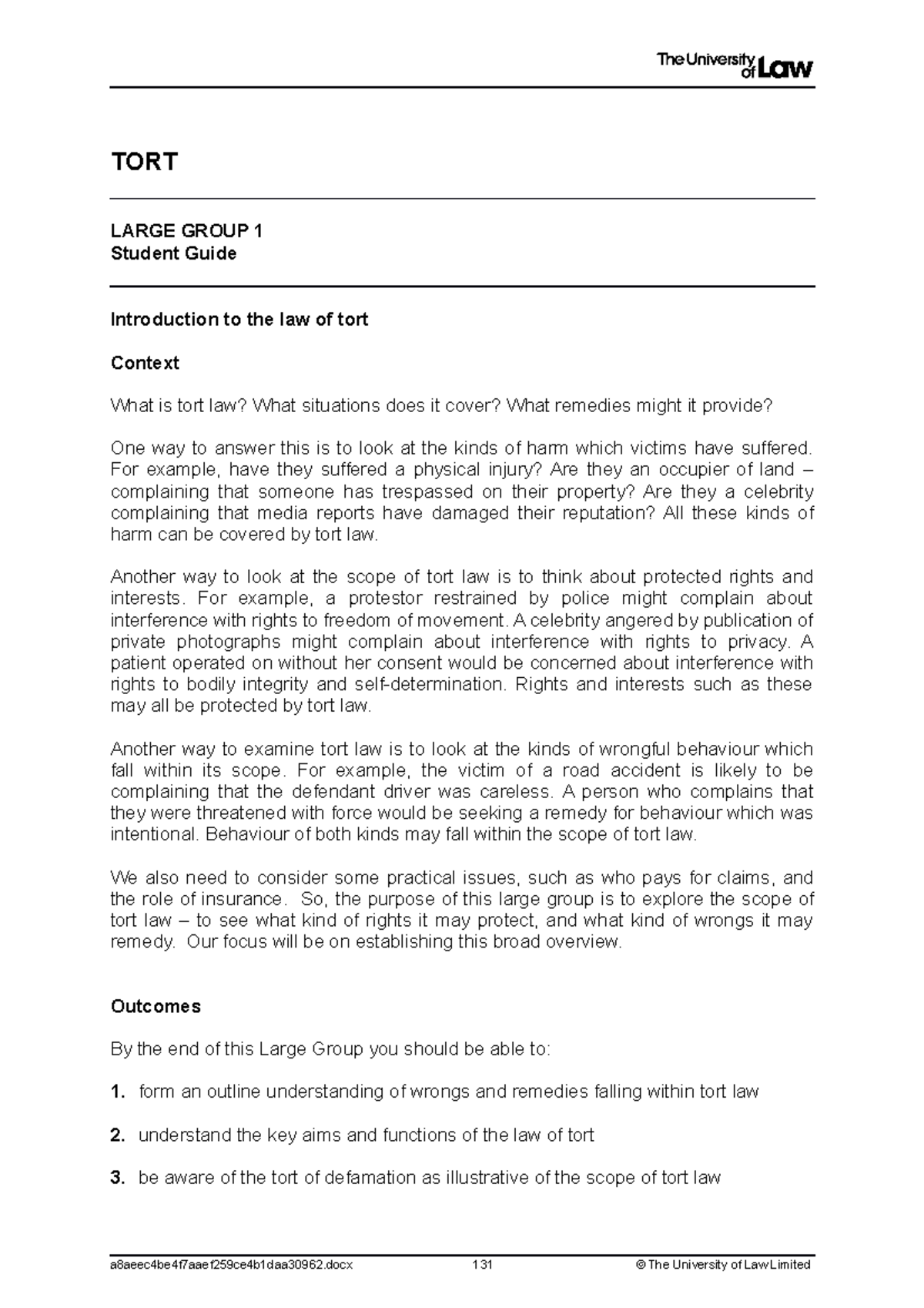 LG1 Tort Introduction to the law of tort - TORT LARGE GROUP 1 Student ...