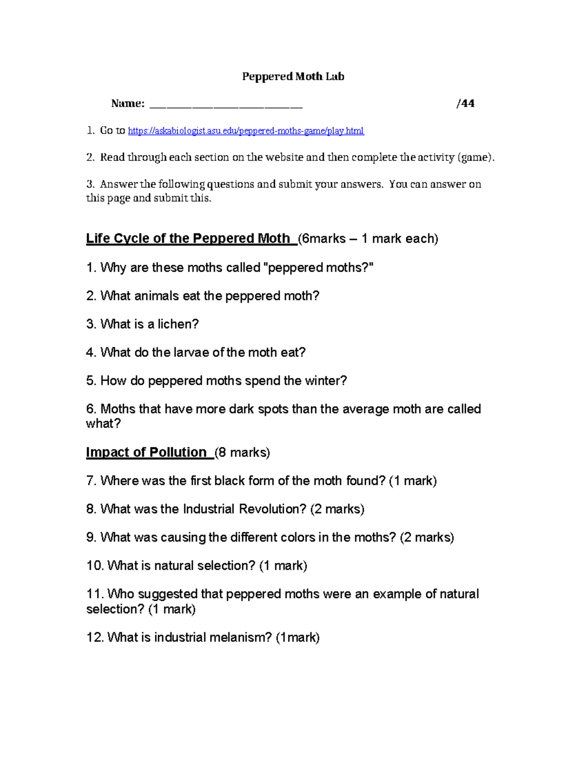 Peppered Moth Lab - Peppered Moth Lab Name ...