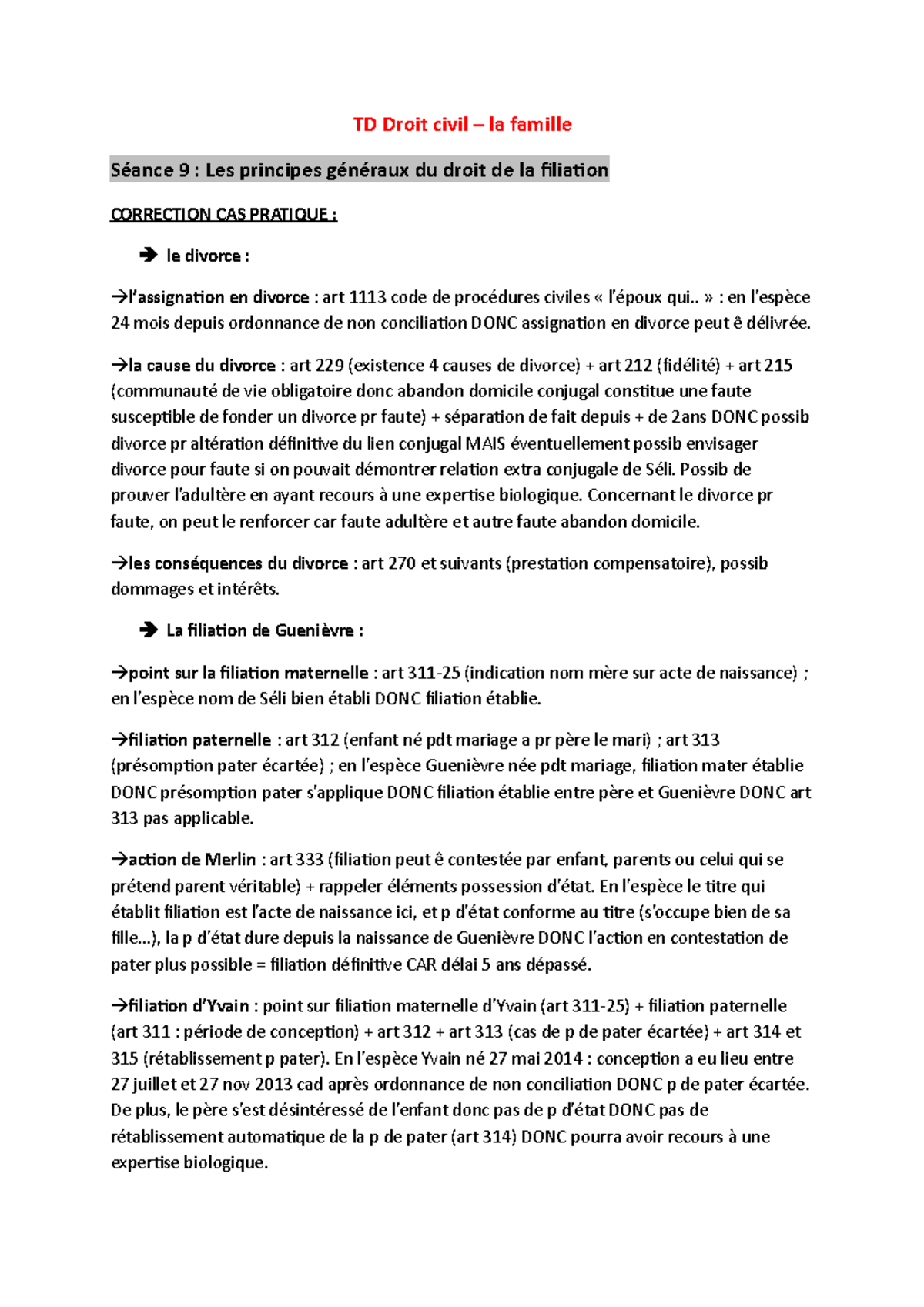 Séance 9 - Principes Généraux Du Droit De La Filiation - TD Droit Civil ...