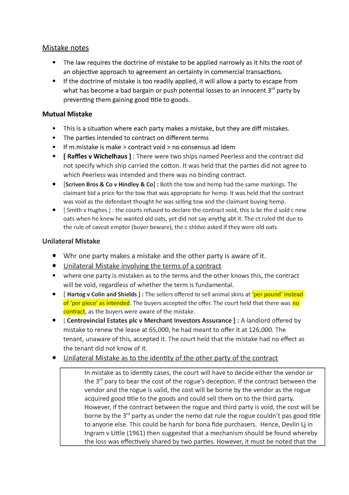 Mistake Contract PRactice Notes - Mistake Notes The Law Requires The ...