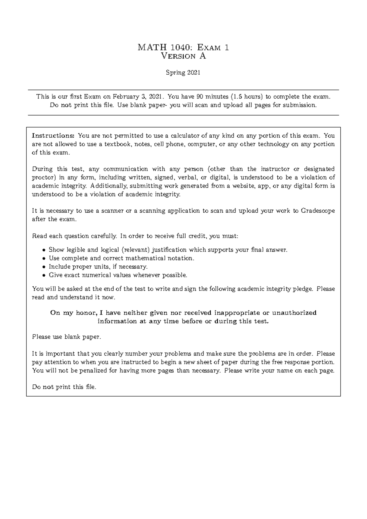 S21 Test 1 Key - S21 Test 1 Key - MATH 1040: Exam 1 Version A Spring ...