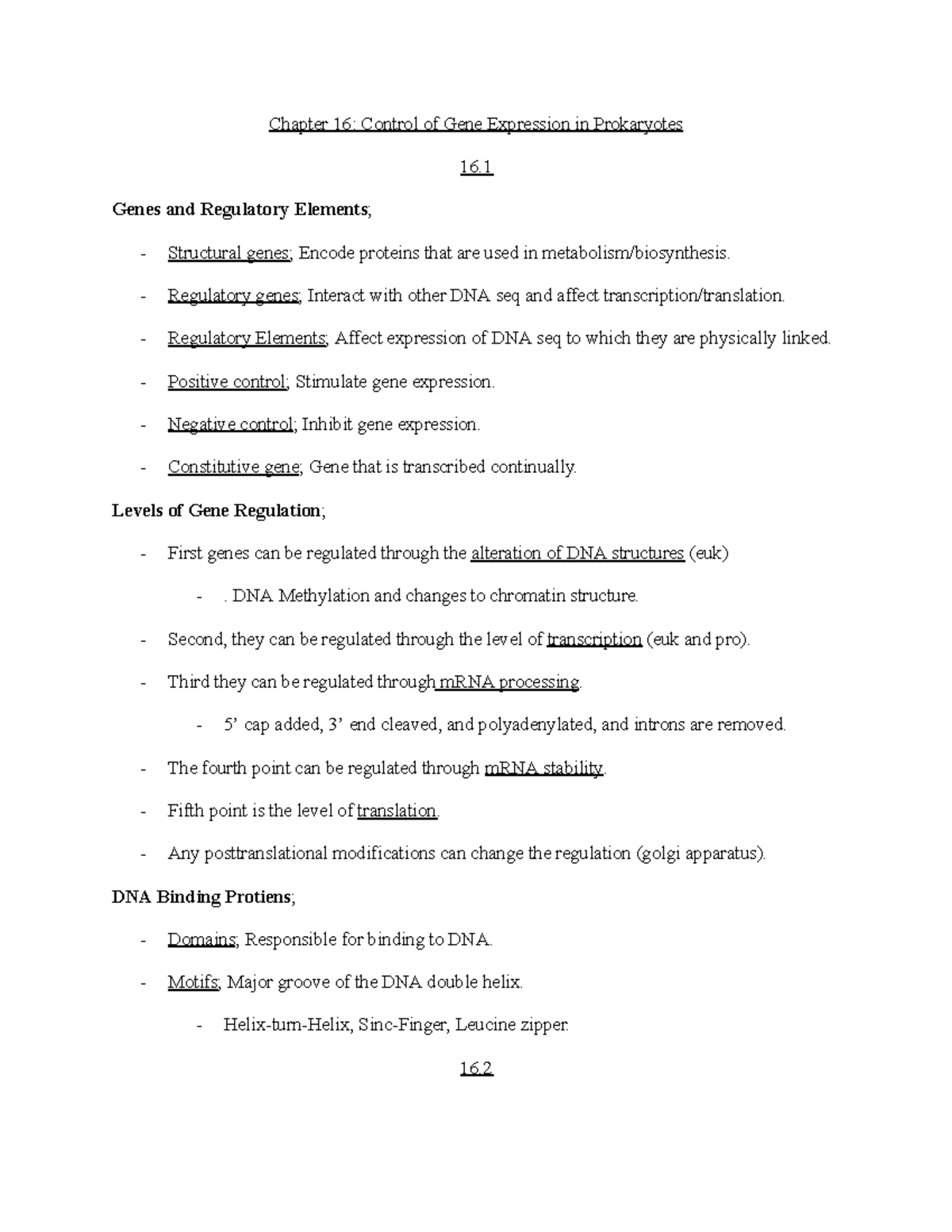 Genetics Unit 4 2306 Miles - Chapter 16: Control of Gene Expression in ...