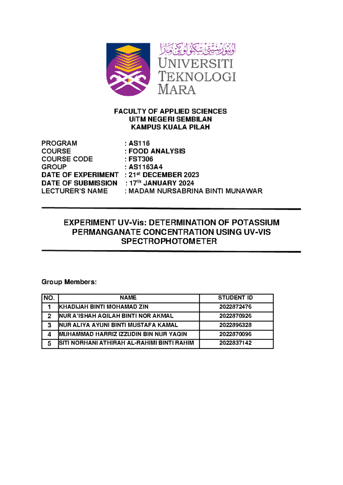 LAB Report UV latesssttt - FACULTY OF APPLIED SCIENCES UiTM NEGERI ...