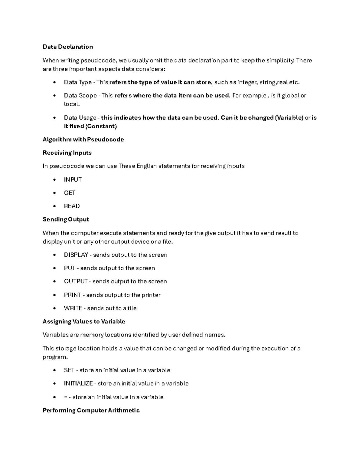 New Microsoft Word Document - Data Declaration When writing pseudocode ...
