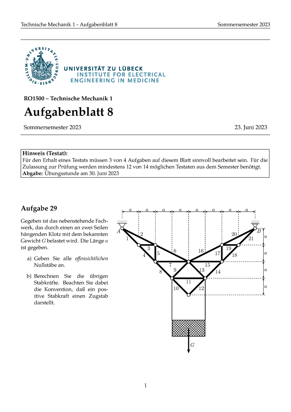 Aufgabenblatt 08 - Technische Mechanik 1 - Aufgabenblatt 8 ...