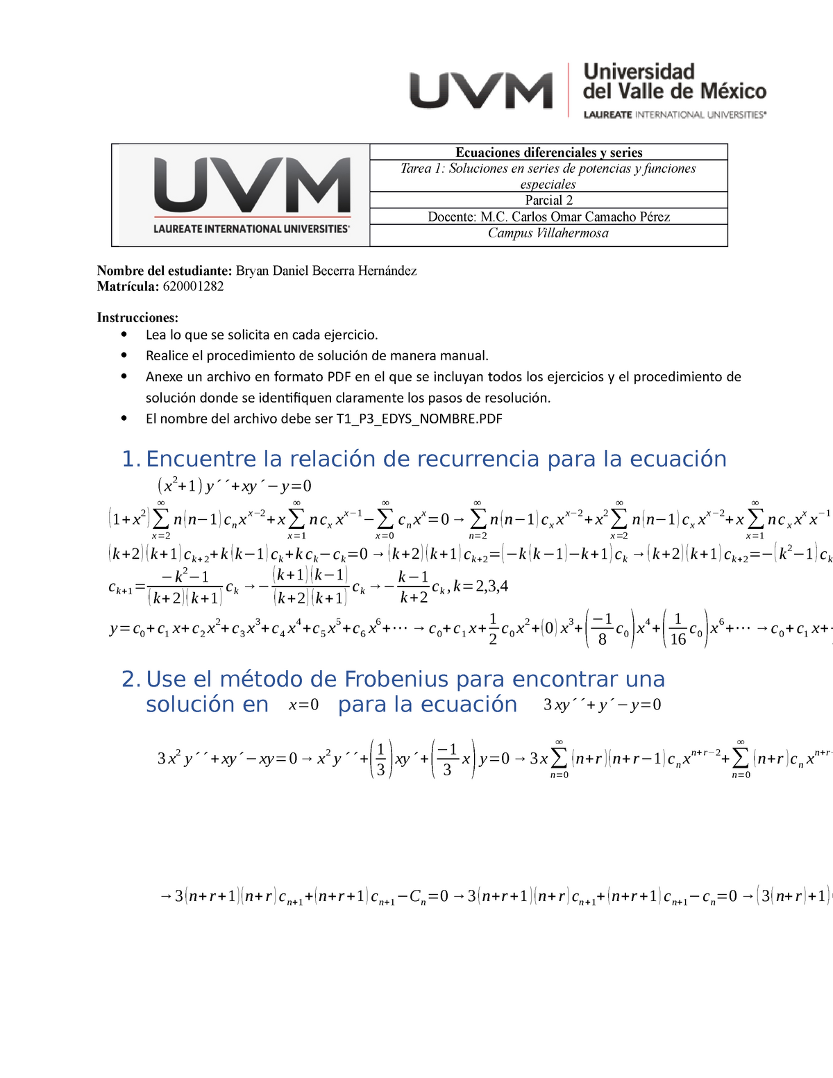 T1 P3 BDBH Bryan - Ecuaciones Diferenciales Y Series Tarea 1 ...