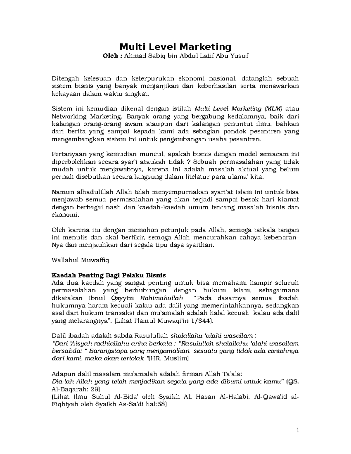 04_Multi Level Marketing ABU YUSUF.doc Multi Level Marketing Oleh Ahmad Sabiq bin Abdul