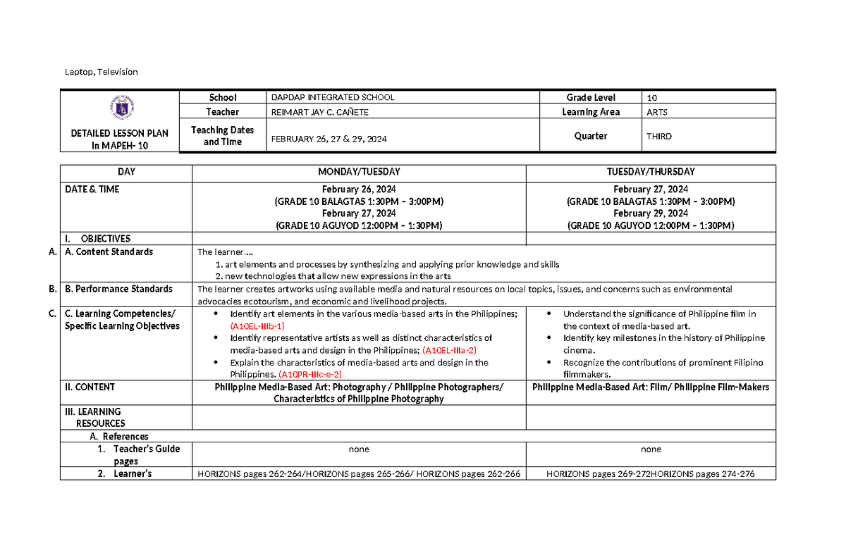 Reimart DLP (Auto Recovered) - Laptop, Television DETAILED LESSON PLAN ...