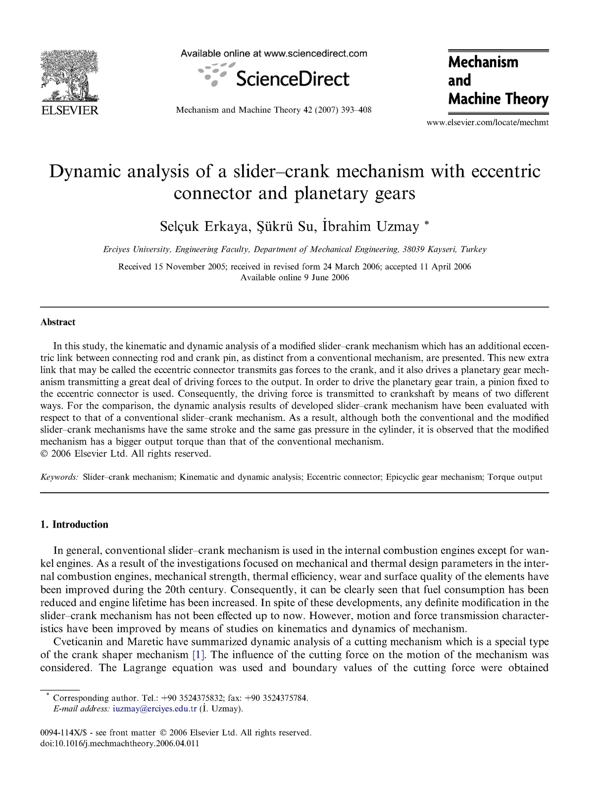Dynamic analysis of a slider crank mecha - Mechanism and Machine Theory  Mechanism and Machine Theory - StuDocu