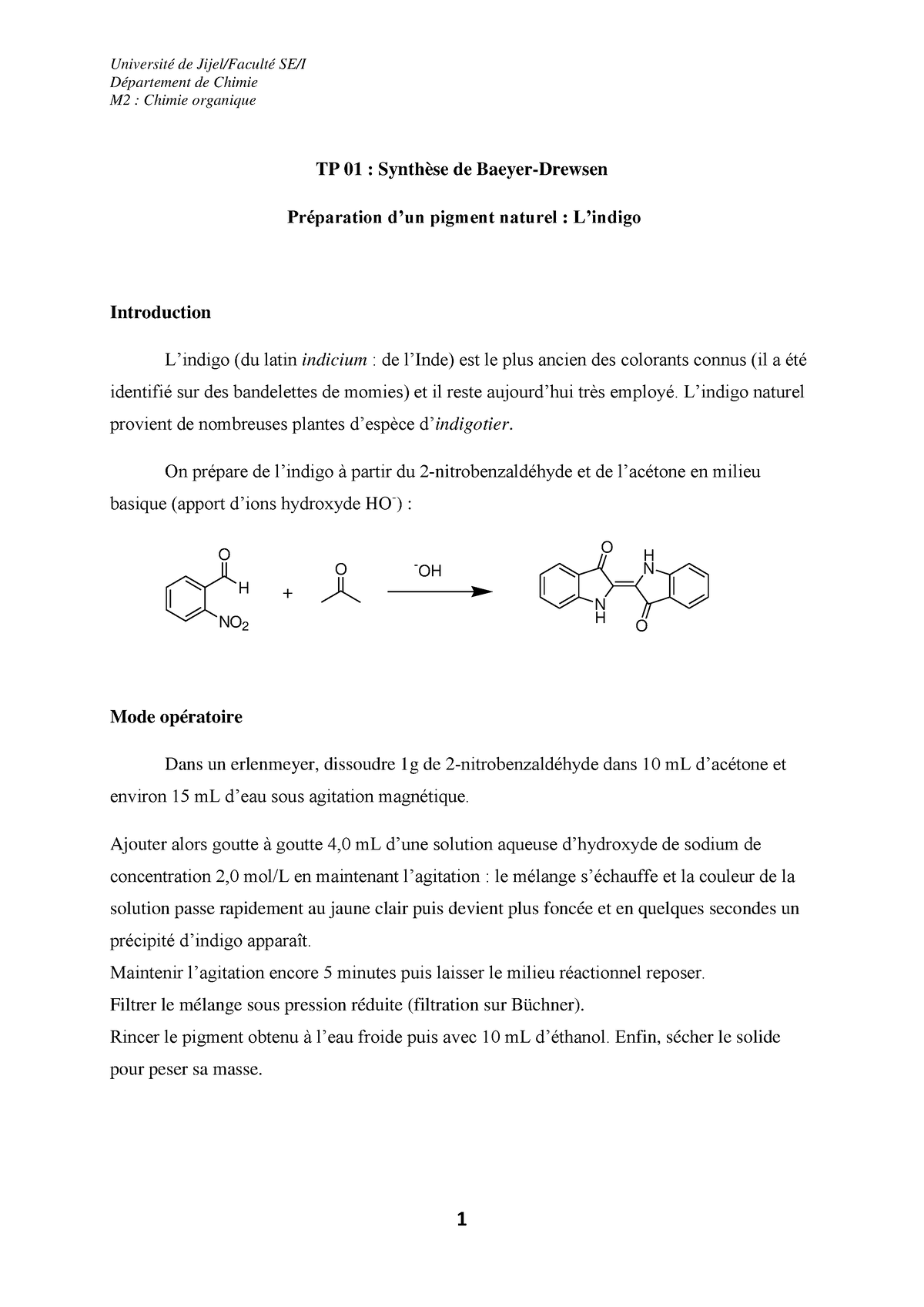 TP De Sunthèse Organique 3 - Département De Chimie M2 : Chimie ...