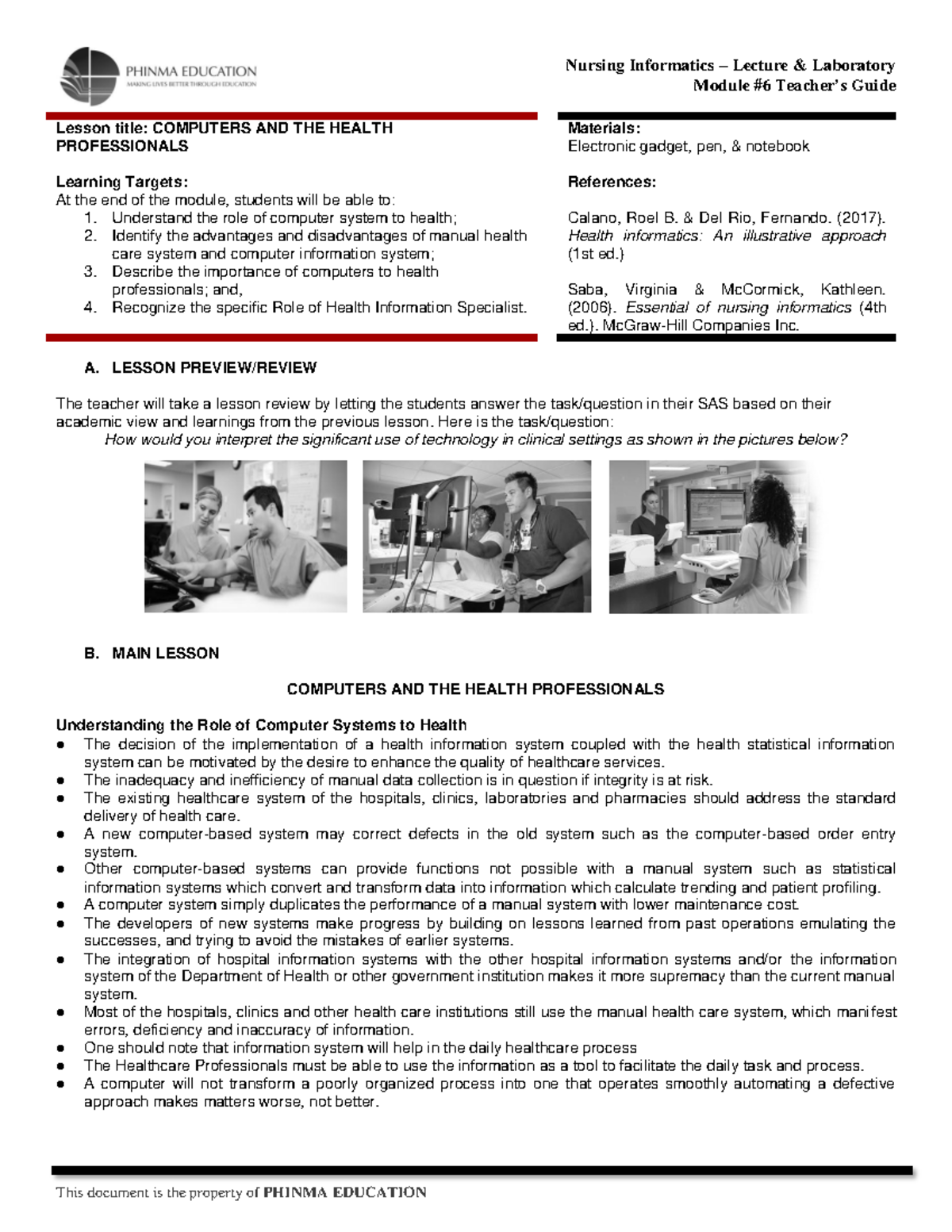 IG #6 - Nursing Informatics - Module #6 Teacher’s Guide Lesson title ...